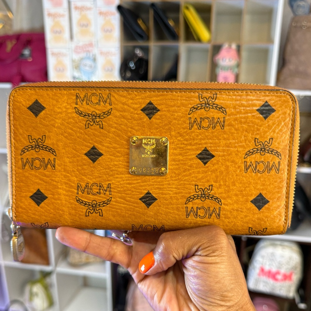 MCM Cognac Visetos Zip Wallet
